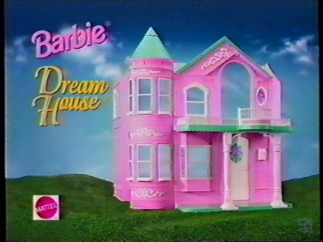 An advertisement for the 1998 Barbie Dreamhouse; A glowing pink dollhouse against a cloudy blue sky